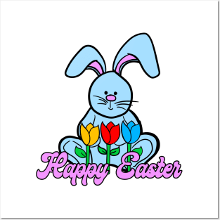 Happy Easter bunny with flowers Posters and Art